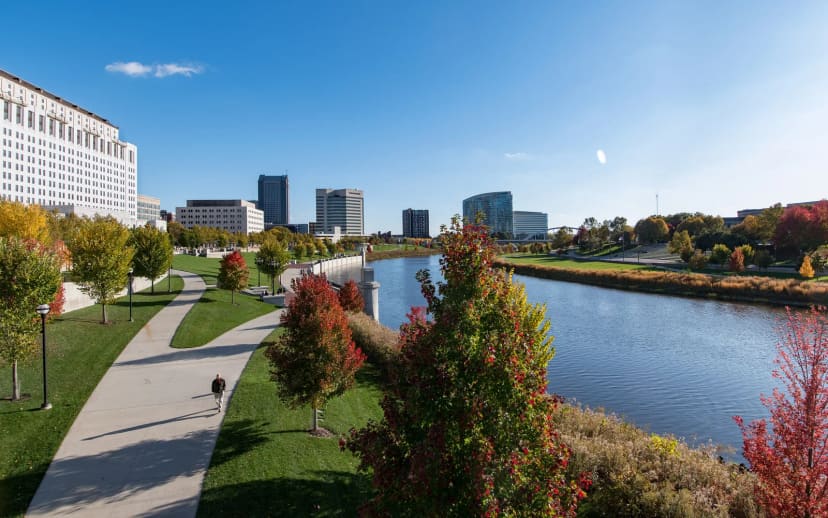 Paved Scioto Mile Promenade beside the Scioto River and downtown Columbus