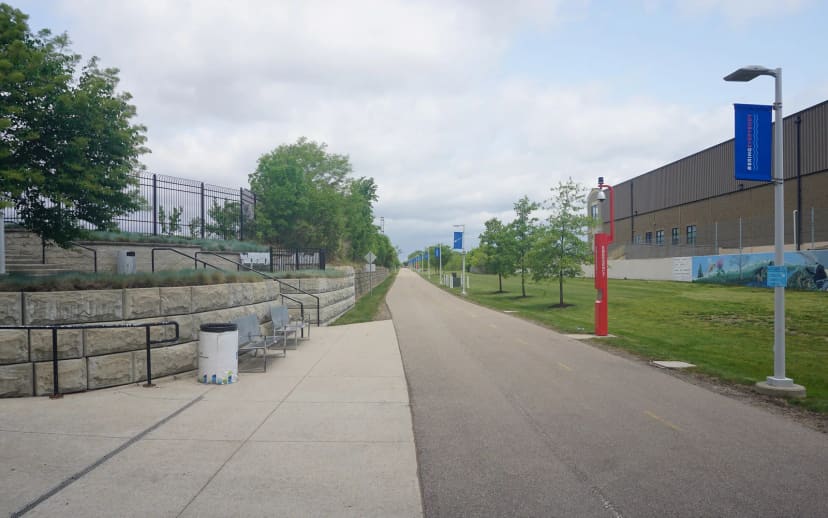 The paved Dequindre Cut with separate walking and cycling lanes
