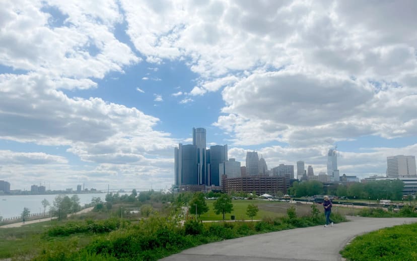 The Detroit skyline and riverfront paths viewed from the RiverWalk