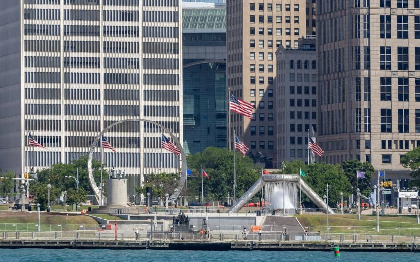 Dodge Fountain and Transcending in Hart Plaza viewed from the Detroit River