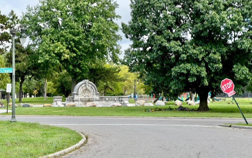 Palmer Park lawns, paths and the Merrill Humane Fountain in September 2024