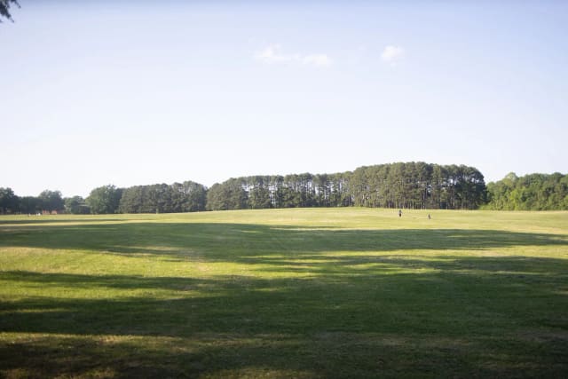 People gathering across the Big Field at Dix Park
