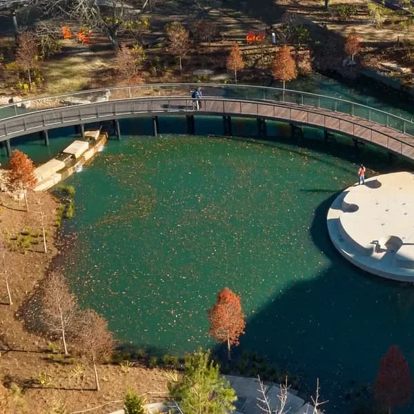 Aerial view of the tiered water feature and Willow Isle