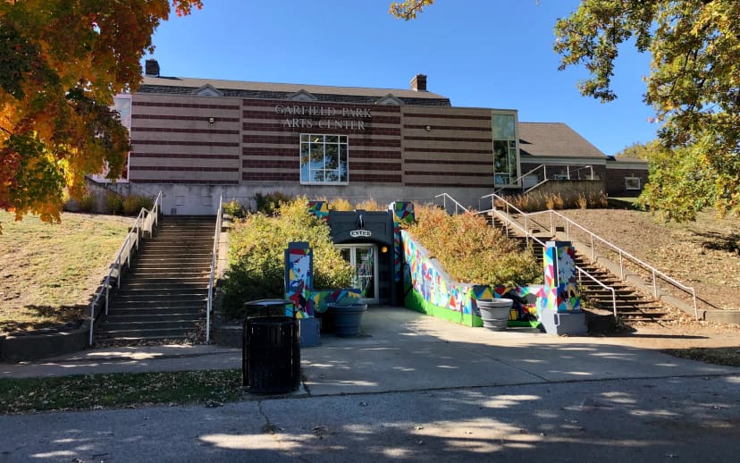 Eastern exterior and colorful entrance of the Garfield Park Arts Center