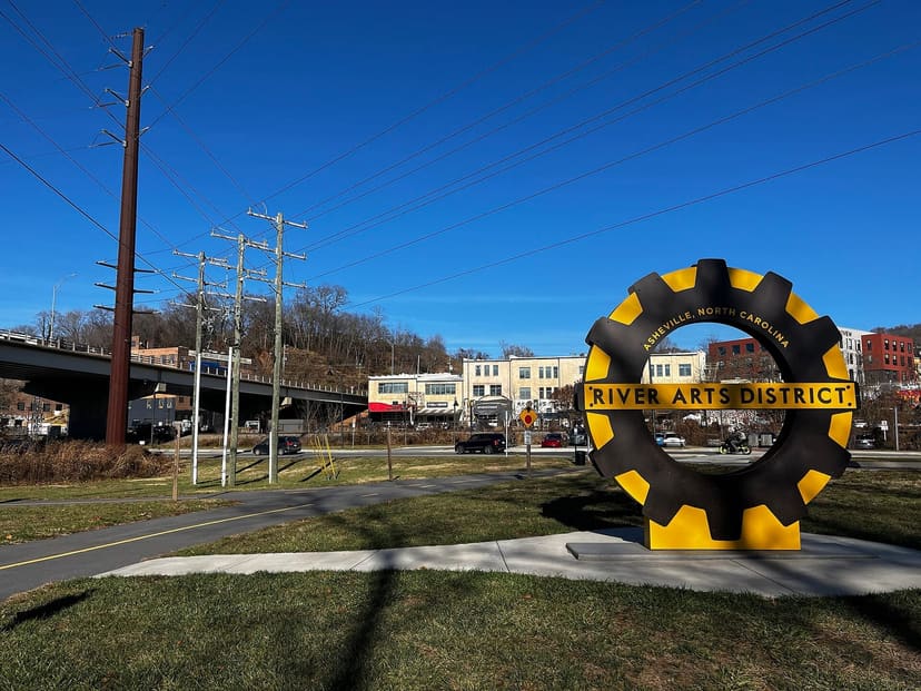 River Arts District gateway sculpture and greenway beside Jean Webb Park in Asheville