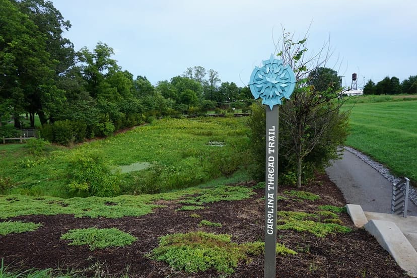 Carolina Thread Trail marker overlooking the constructed wetland at Conover City Park