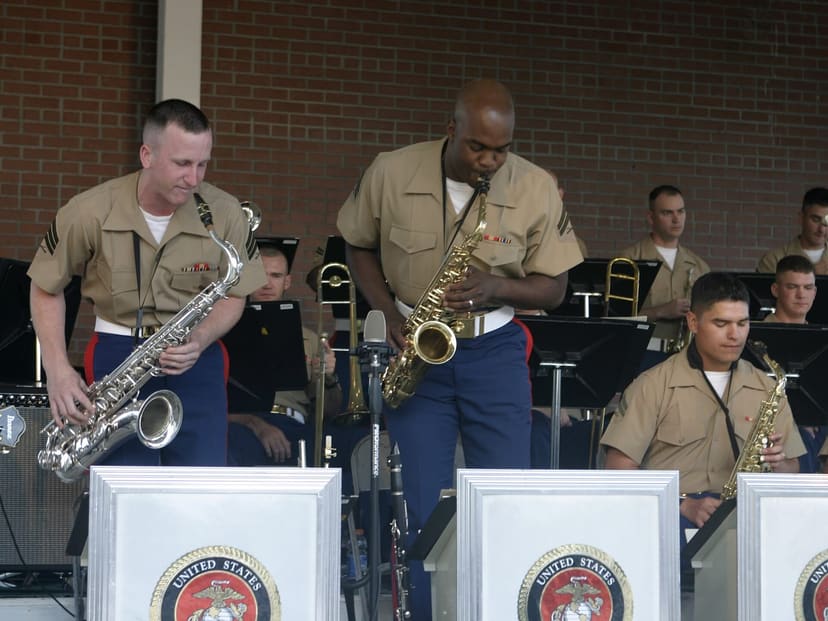 United States Marine Corps band performing in the pavilion at Riverwalk Park in Jacksonville