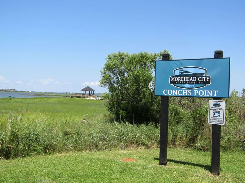 Conchs Point sign, gazebo and marsh waterfront