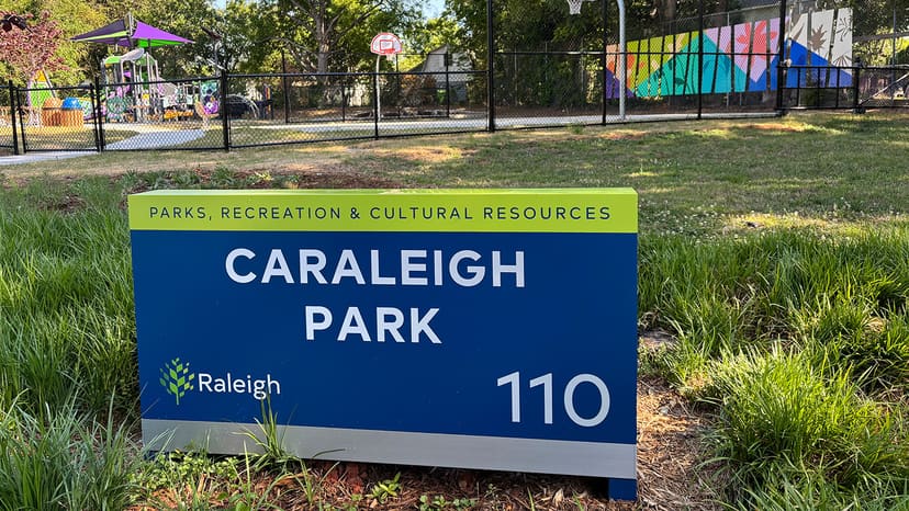 Public art and park sign at Caraleigh Park