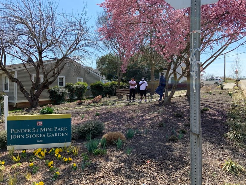 John Stokes Garden sign, flowering trees, bench, and neighborhood planting before the 2022 renovation