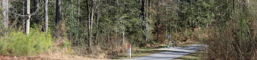 Paved Smith Creek Greenway passing through woods beside an outdoor exercise station