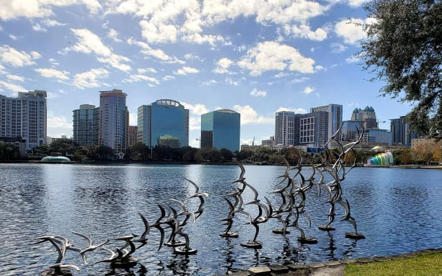 Chinese pagoda and monuments at Lake Eola Park