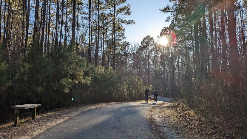 Cyclists using the paved American Tobacco Trail near mile marker 8 in Durham