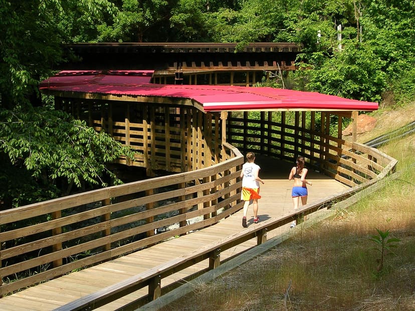 Trail users crossing the layered Cape Fear River Trail boardwalk beneath an active rail line