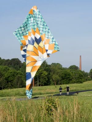 Colorful patterned form of Yinka Shonibare's Wind Sculpture II