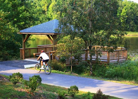 Cyclist on the paved Black Creek Greenway beside a wooded lake