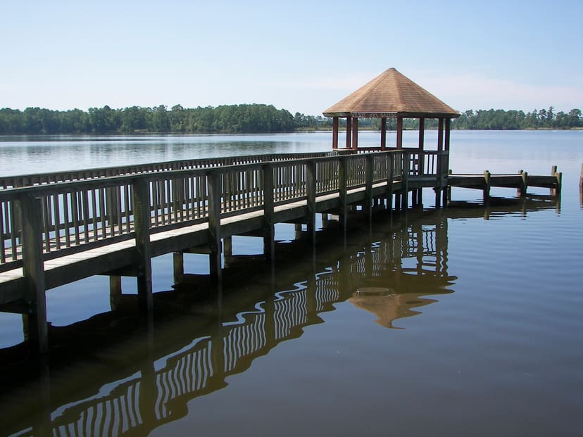 Accessible pier and covered overlook extending into Wilson Bay