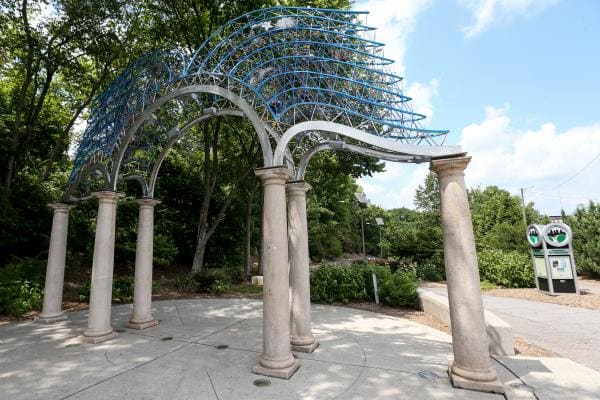Gateway of the Open Book public art marking an entrance to Greensboro Downtown Greenway